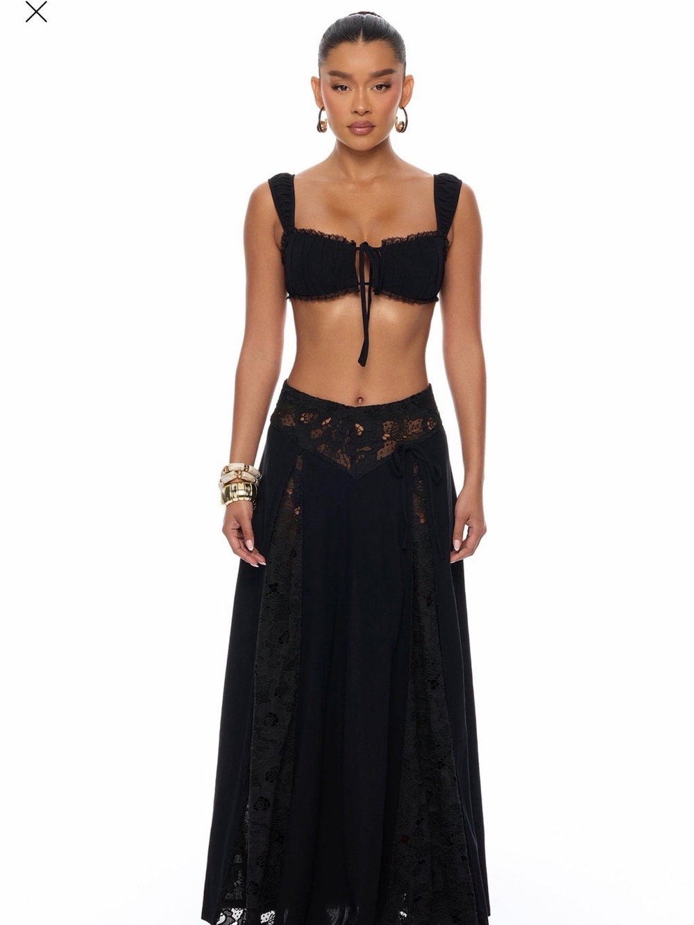 Fashion Nova Black Lace Maxi Skirt and Crop Top Set
